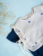 Load image into Gallery viewer, A  picture of Baby Girl Romper and Detachable Vest | Cotton | Indigo ,a baby girl dress where in the vest is zoomed in
