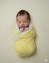 Load image into Gallery viewer, Organic Muslin Baby Swaddle/Blanket With Lace | Mellow yellow