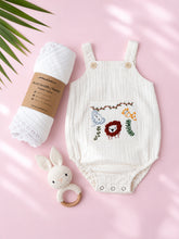 Load image into Gallery viewer, Baby Boy Gift Hamper with Cotton Romper and Swaddle | Little Meadows | White