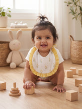गैलरी व्यूवर में इमेज लोड करें, Baby Muslin Ruffled Bibs | Set of Two | Yellow and Floral