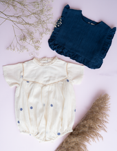 Load image into Gallery viewer, An image with a closer look at the White cotton Romper with Polka dots design, and blue Swaddle against a Pink background.
