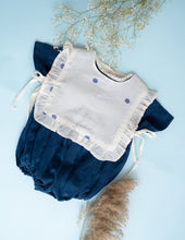 Load image into Gallery viewer, A  picture of Baby Girl Romper and Detachable Vest | Cotton | Indigo ,a baby girl dress in a cute background
