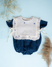 गैलरी व्यूवर में इमेज लोड करें, A beautiful image of Baby Girl Romper and Detachable Vest | Cotton | Indigo against a blue surface