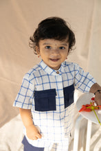 Load image into Gallery viewer, Handwoven Cotton Co-ord set with Patch Pocket | Boys/Girls | Indigo Checkmate