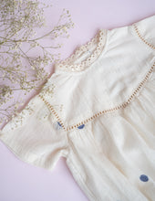 Load image into Gallery viewer, A zoomed out  picture of Baby Girl Romper and Detachable Vest | Cotton Jamdani | Polka Dot ,a baby girl dress without the vest against pink background