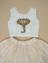 Load image into Gallery viewer, Royal Elephant Embroidery Skirt and Top Set | Off-White & Gold Stripes