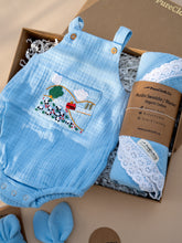 Load image into Gallery viewer, Baby Boy Gift Hamper with Cotton Romper and Swaddle | Little Meadows | Blue