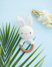 गैलरी व्यूवर में इमेज लोड करें, Timber Tots Crochet Bunny Rattle | Wooden Baby Teether