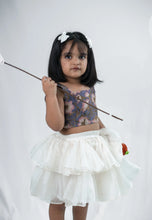 Load image into Gallery viewer, Kota Silk Tiered Skirt Set for Girls | Soft Chanderi Top | Floral Hues