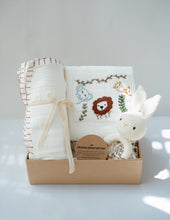 Load image into Gallery viewer, Baby Boy Gift Hamper with Cotton Romper and Swaddle | Little Meadows | White