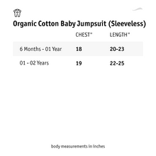 गैलरी व्यूवर में इमेज लोड करें, Size chart of organic cotton baby jumpsuit.