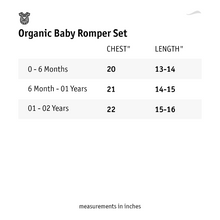 गैलरी व्यूवर में इमेज लोड करें, A size chart of organic baby romper set.