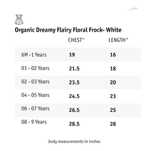 गैलरी व्यूवर में इमेज लोड करें, A size chart of organic dreamy fairy floral white frock.
