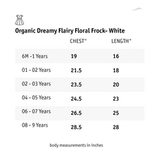 Load image into Gallery viewer, A size chart of organic dreamy fairy floral white frock.
