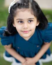 गैलरी व्यूवर में इमेज लोड करें, A young girl posing by wearing elegant blue flutter sleeve top and cream balloon pant with blur background