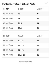 गैलरी व्यूवर में इमेज लोड करें, Size sheet for the appropriate years with width and length for flutter sleeve top and balloon pants.