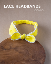 Load image into Gallery viewer, Yellow color Lace headband as hair accessories is placed on a brown table with a text written on the top.