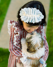 गैलरी व्यूवर में इमेज लोड करें, A girl wearing beautiful lace shift dress with matching accessory posing with puppy in the middle of the road.