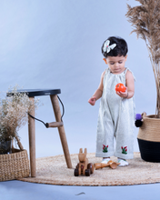 गैलरी व्यूवर में इमेज लोड करें, A baby girl wearing cute jumpsuit with matching hair accessories with some artificial plants and wooden pots and with some rabbit toys and a flower basket aside.