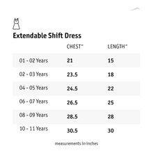 Load image into Gallery viewer, A size chart of an extendable shift dress.
