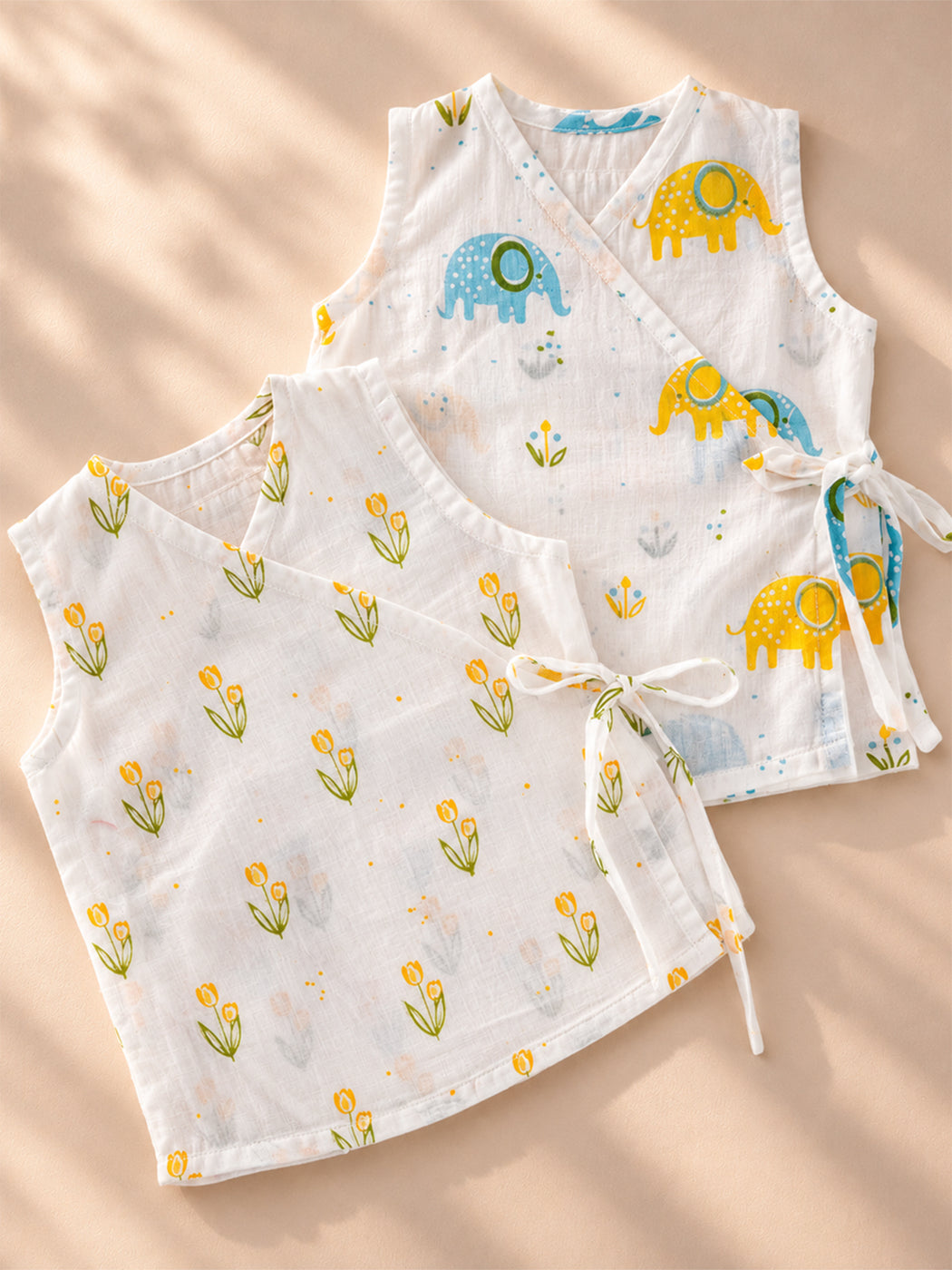 Block Printed Muslin Jablas for Newborns | Yellow Floral and Elephant Print