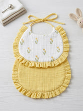 गैलरी व्यूवर में इमेज लोड करें, Baby Muslin Ruffled Bibs | Set of Two | Yellow and Floral
