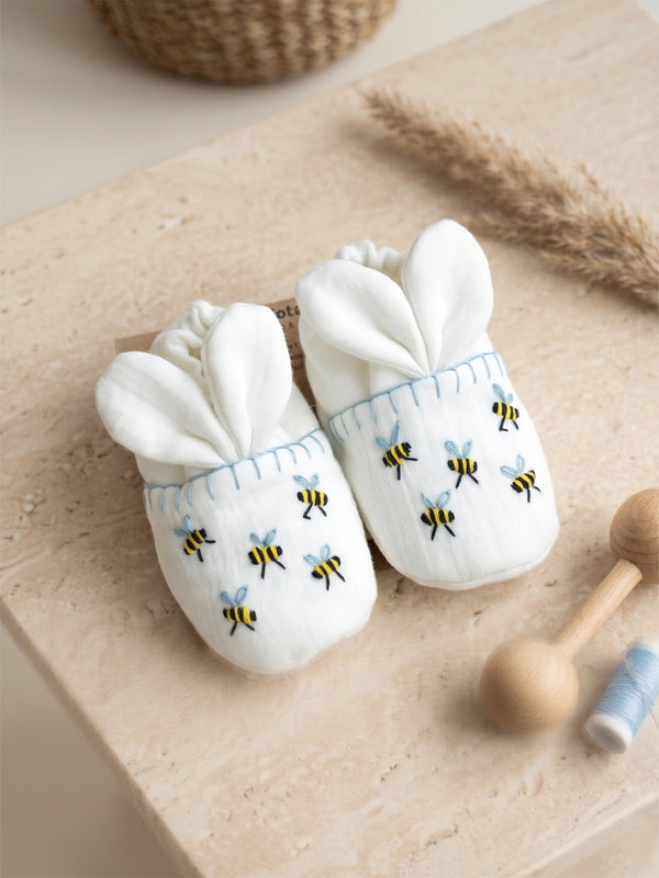 Bumble Bee Booties for Girls | Embroidered - Off -White