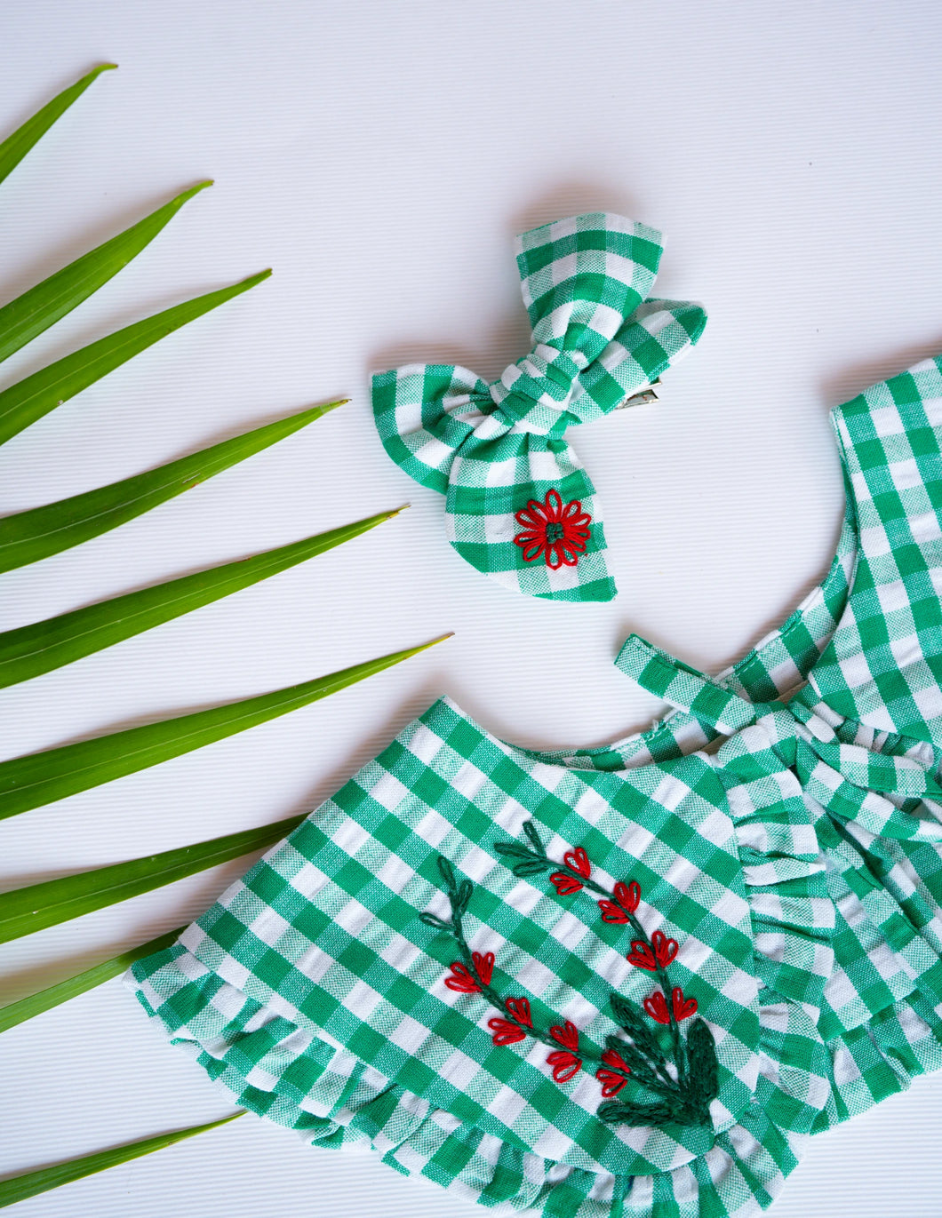 A Detachable Collar and Hair Bow set - Green Check, hair accessories kept on a right side