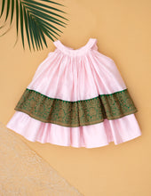 Load image into Gallery viewer, Pink Chanderi Silk Dress for Baby Girl | Banarasi Border | Heritage Blossom
