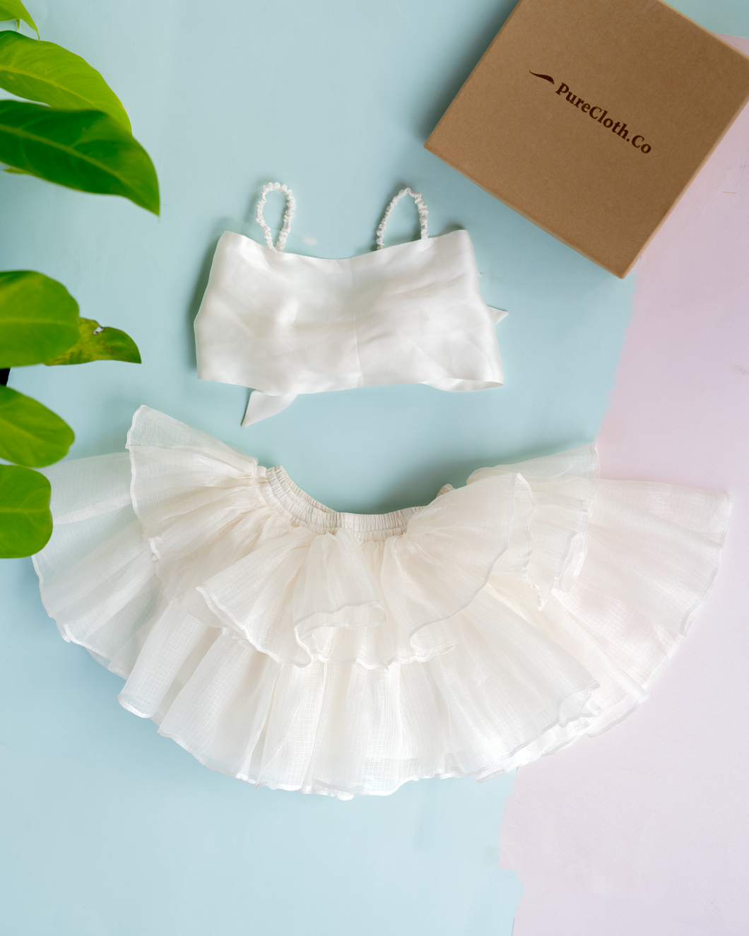 Kota Silk Tiered Skirt Set for Girls | Soft Modal Top | Off-White