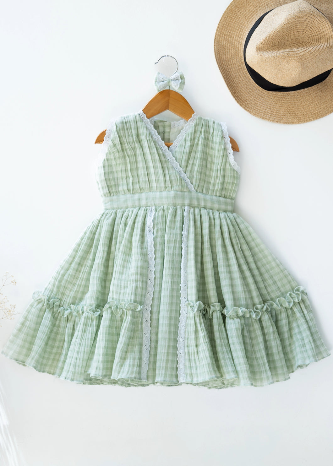 Green Check Lace Dress for Girls | Muslin Cotton