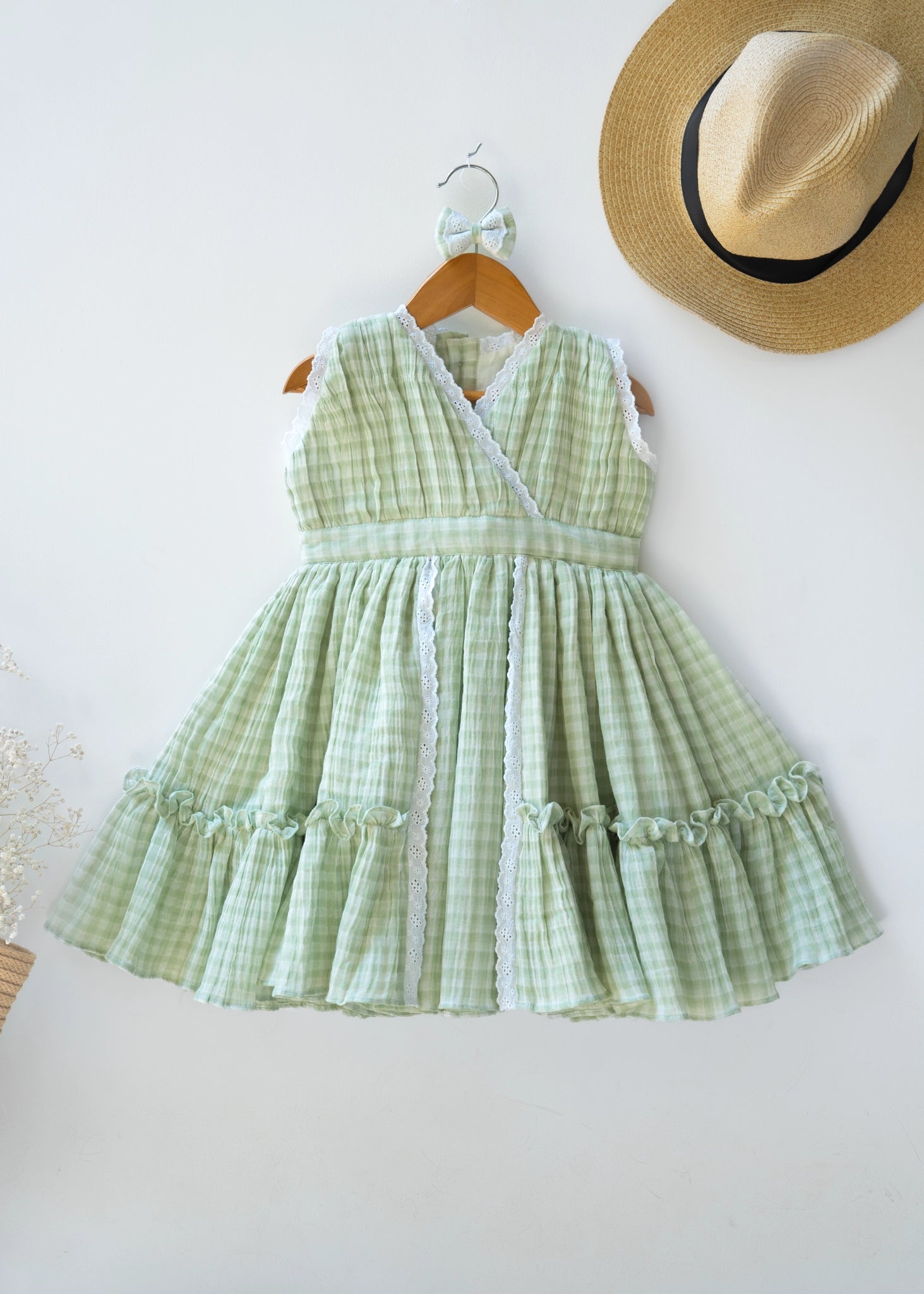 Green Check Lace Dress for Girls | Muslin Cotton PureCloth.Co Green Check Lace Dress for Girls | Muslin Cotton PureCloth.Co