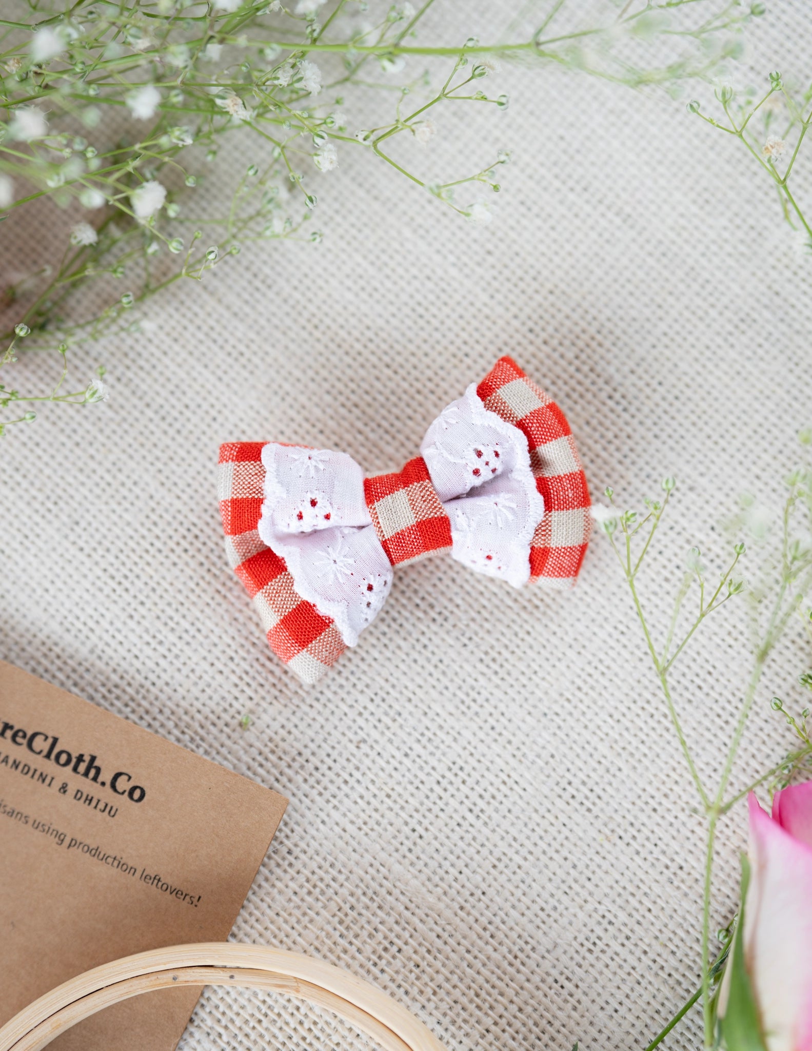 Red Check Lace Mini Bow for Infants Hair Clip Headband
