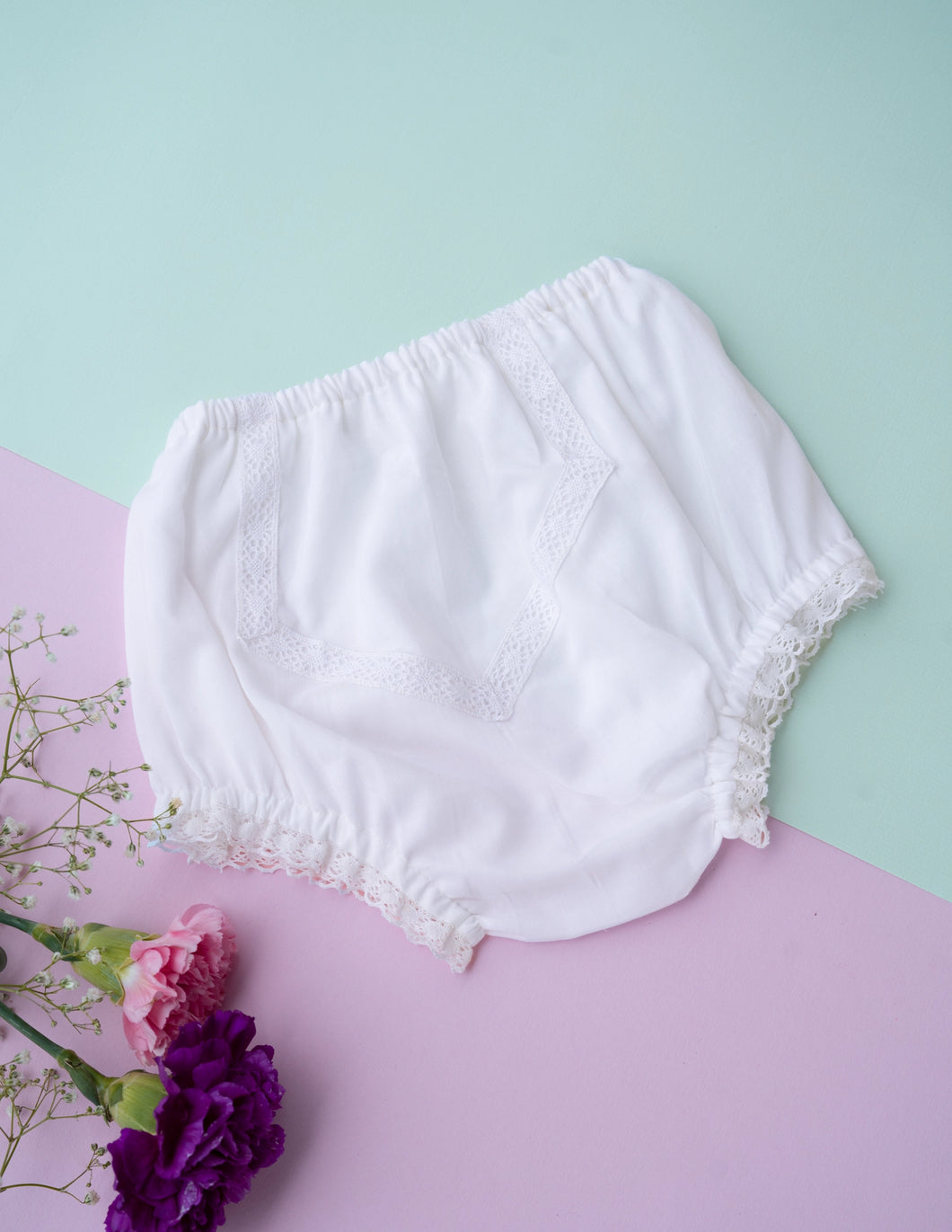 Organic Cotton Mul Baby Bloomers | Lace Diaper Cover| White