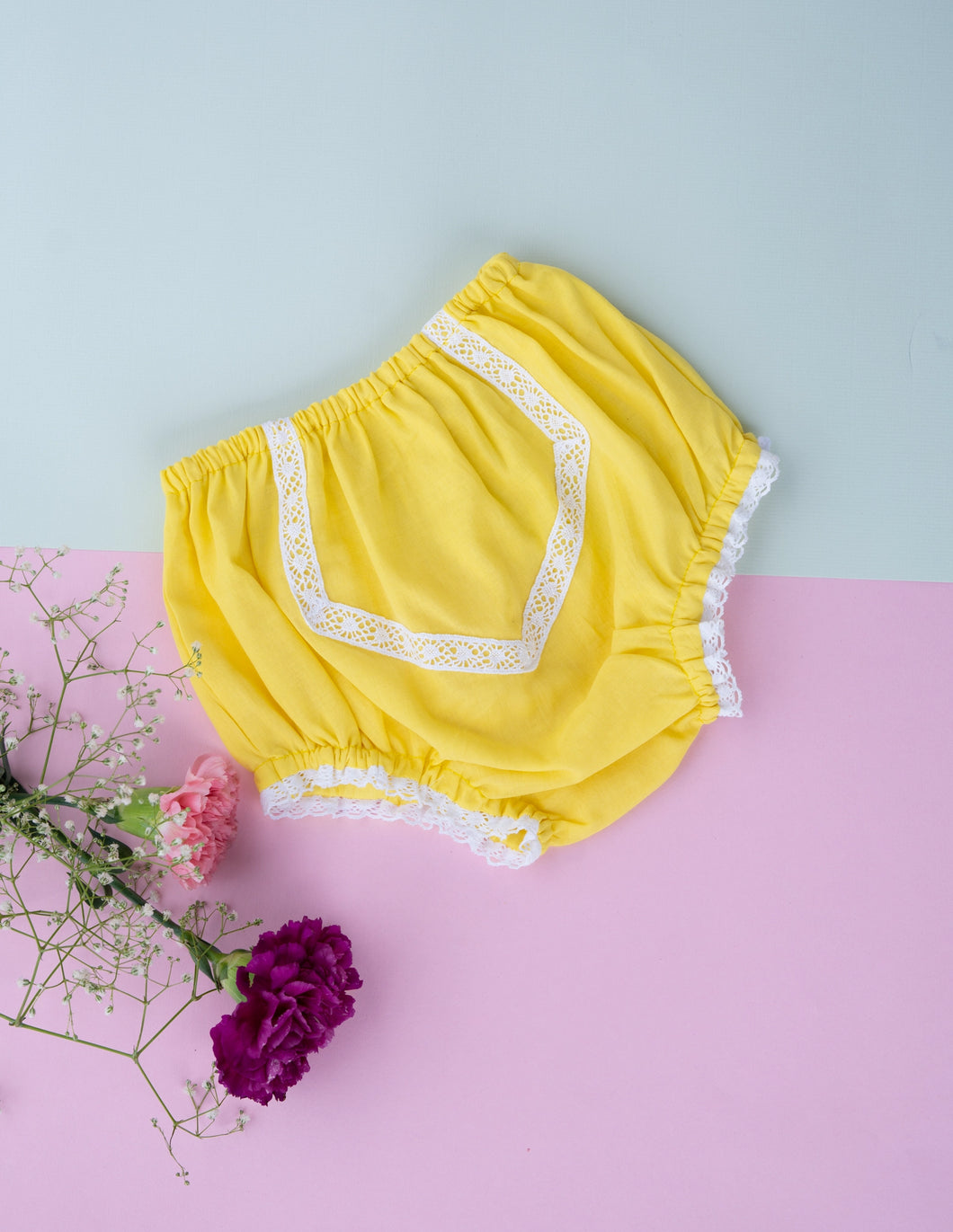 Organic Cotton Mul Baby Bloomers | Lace Diaper Cover| Yellow