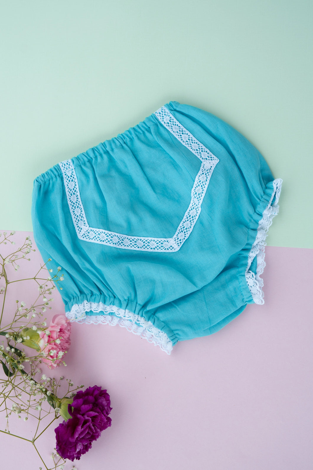 Organic Cotton Mul Baby Bloomers | Lace Diaper Cover| Blue