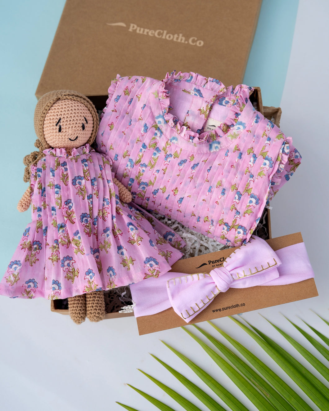 Rosy Whimsy Gift Hamper For Girls | Pintuck Dress & Handmade Doll