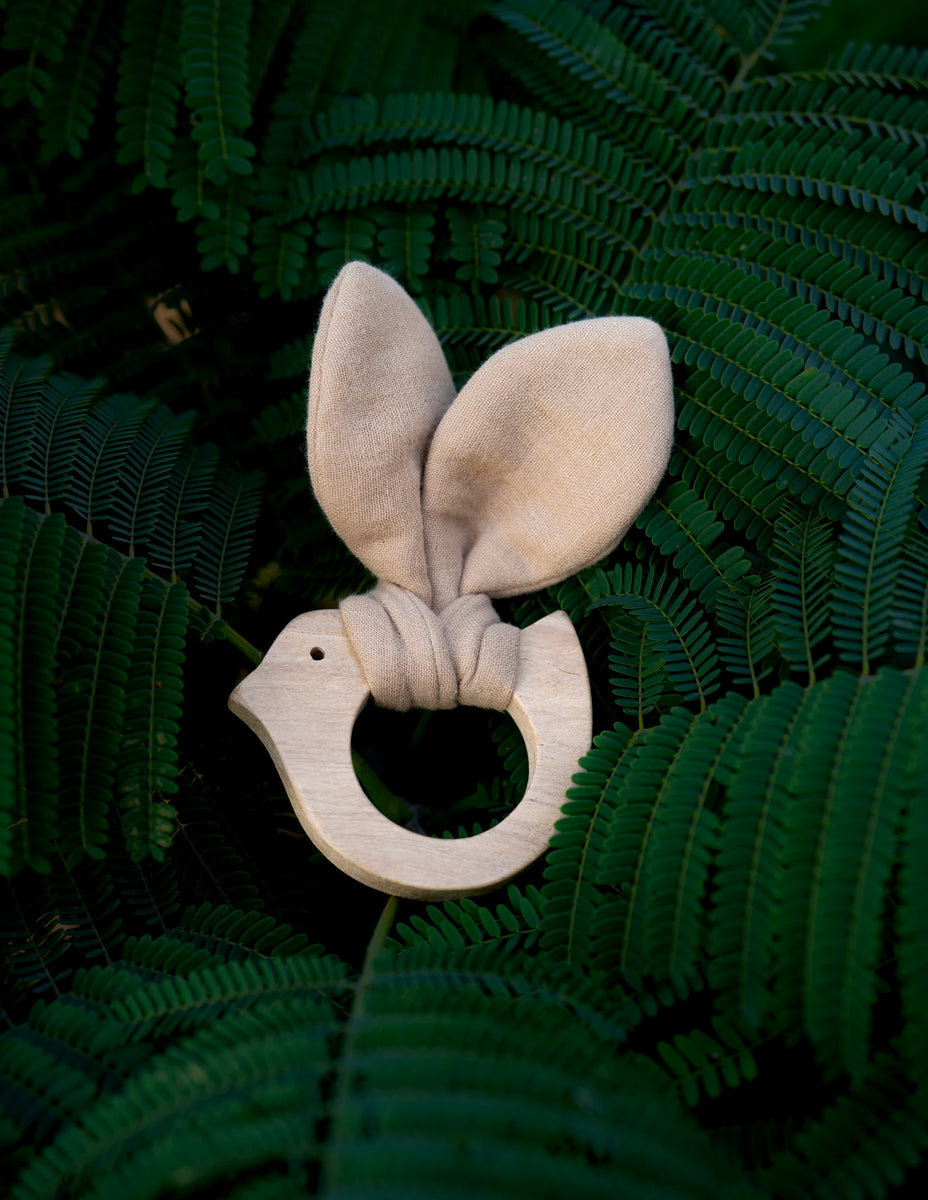 Bunny Ear Wooden Baby Teether | Beige – PureCloth.Co
