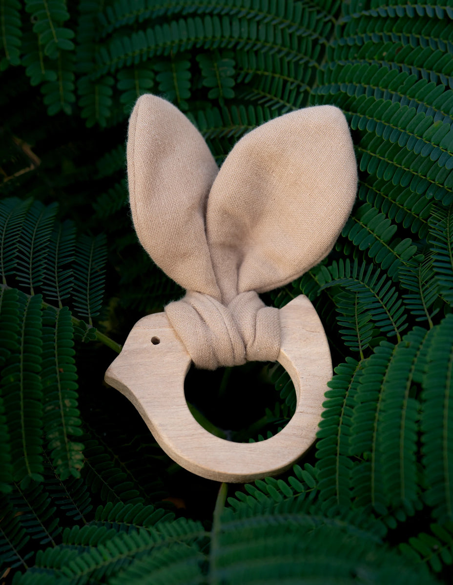 Bunny Ear Wooden Baby Teether | Beige – PureCloth.Co