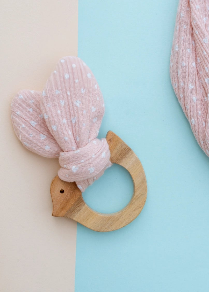 Bunny Ear Wooden Baby Teether Pink Heart