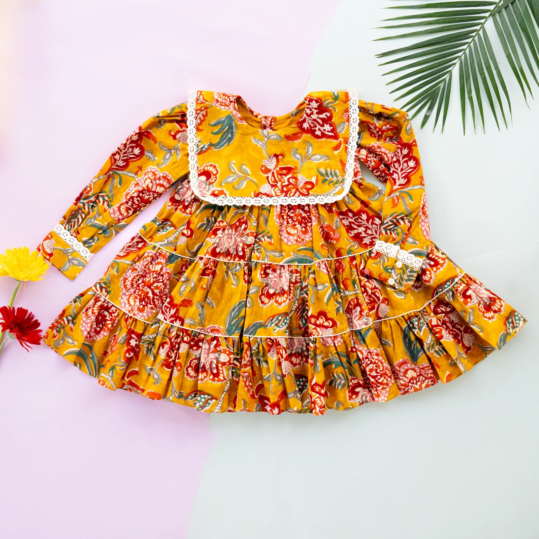 Golden Blossom Tiered Cotton Dress for Girls PureCloth.Co