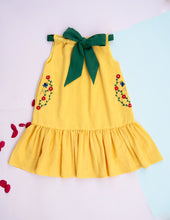 Load image into Gallery viewer, Organic Bow Tie Ruffle Dress | Yellow &amp; Green
