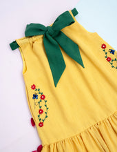 Load image into Gallery viewer, Organic Bow Tie Ruffle Dress | Yellow &amp; Green
