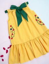 Load image into Gallery viewer, Organic Bow Tie Ruffle Dress | Yellow &amp; Green
