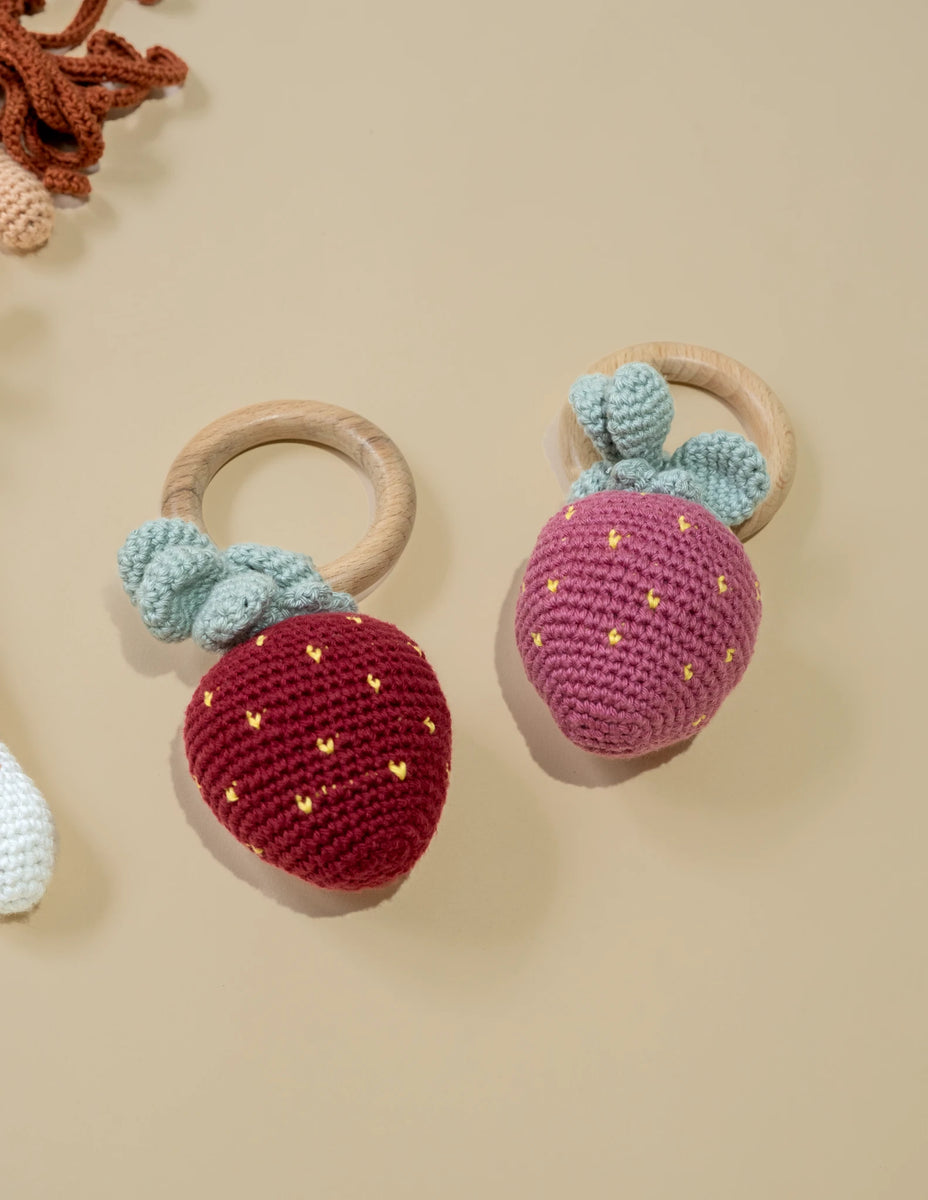 Strawberry Rattle Making Hand-Crocheted Strawberry Rattle Teether | Pink – PureCloth.Co