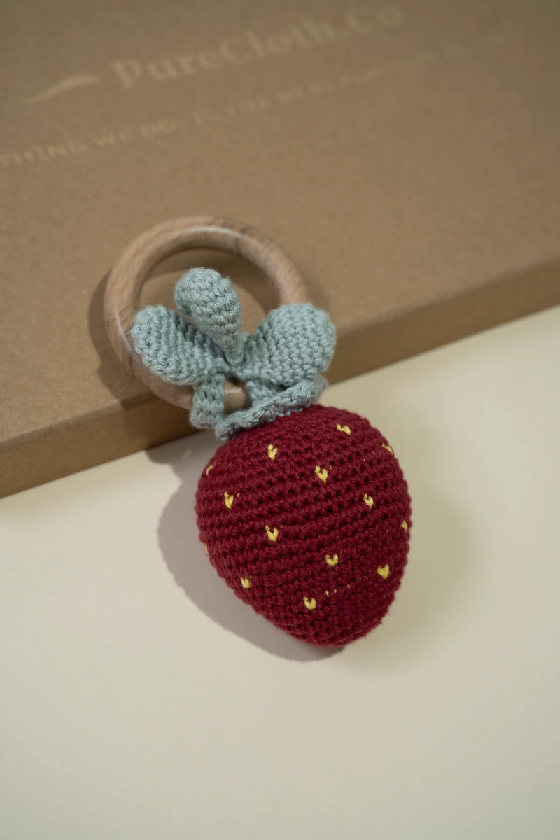 Hand-Crocheted Strawberry Rattle Teether | Maroon – PureCloth.Co