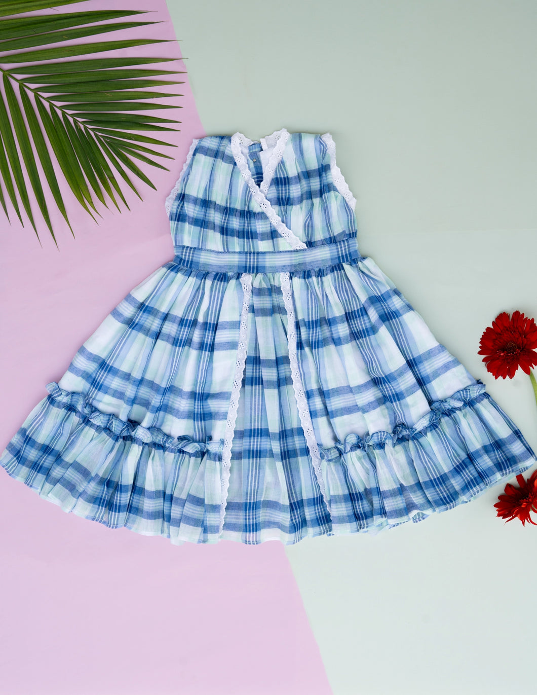 Classic Blue Check Lace Dress for Girls | Mul Cotton Frock