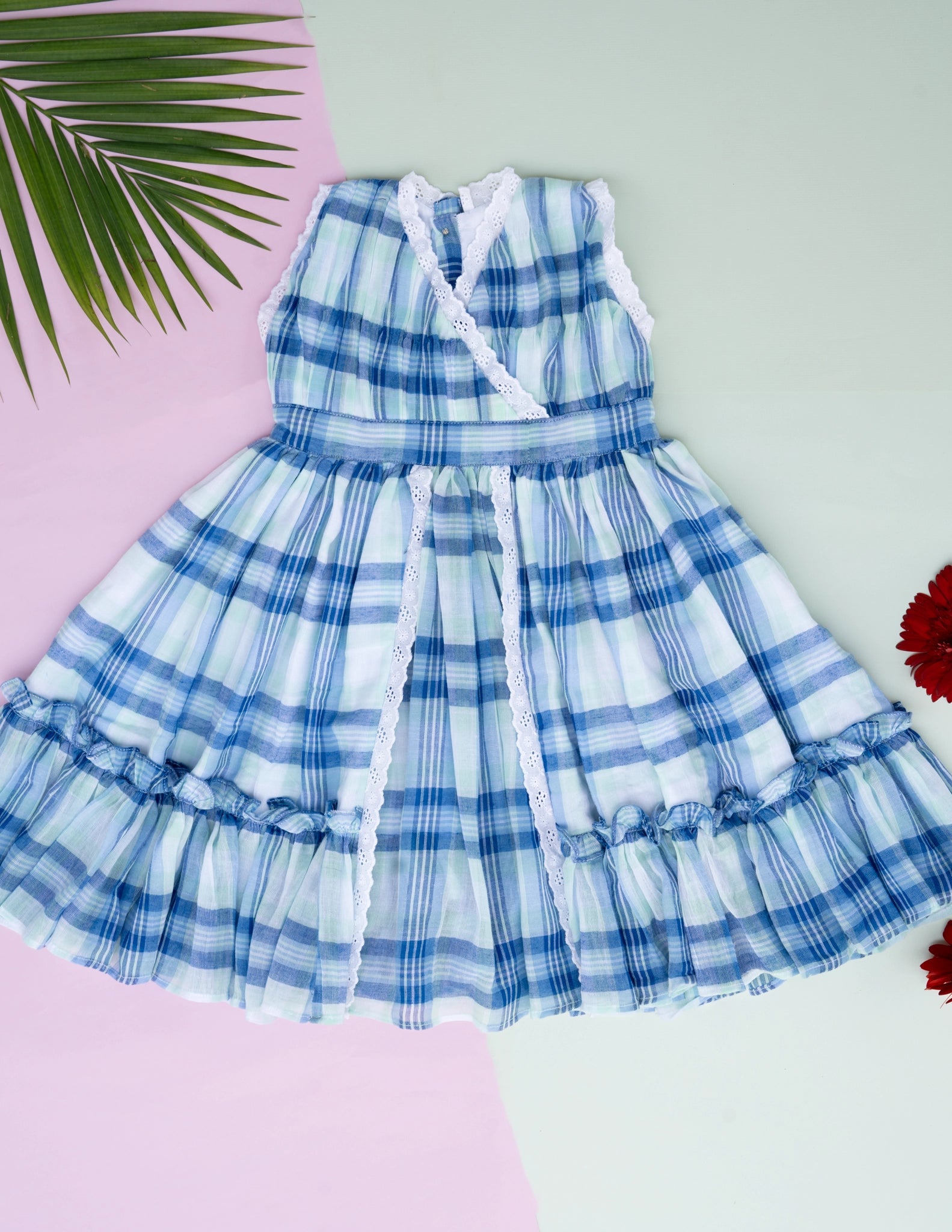 chinese dress ladies Classic Blue Check Lace Dress for Girls
