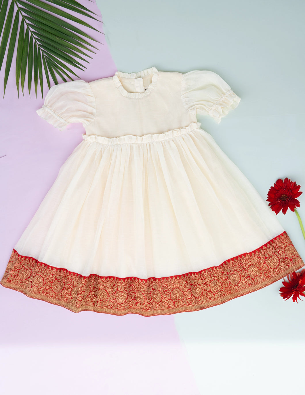 Traditional Silk Border Dress for Girls | Puff Sleeve | Tiny Pattu Pavadai