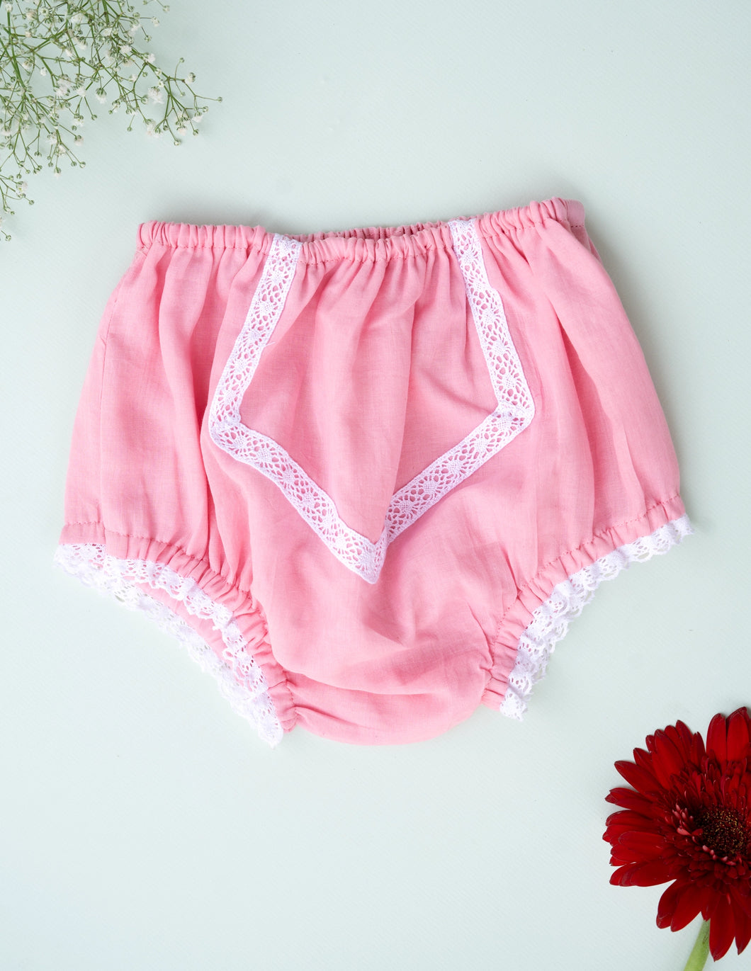 Organic Cotton Mul Baby Bloomers | Lace Diaper Cover| Pink